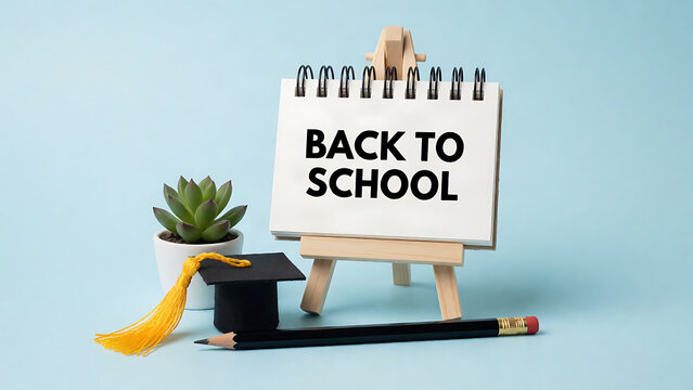 Bright back-to-school flat lay with graduation cap, pencil, and plant on easel sign