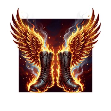 A powerful digital illustration of ornate black leather combat boots engulfed in intense golden flames with large spreading fire wings, set against a dark smoky background.