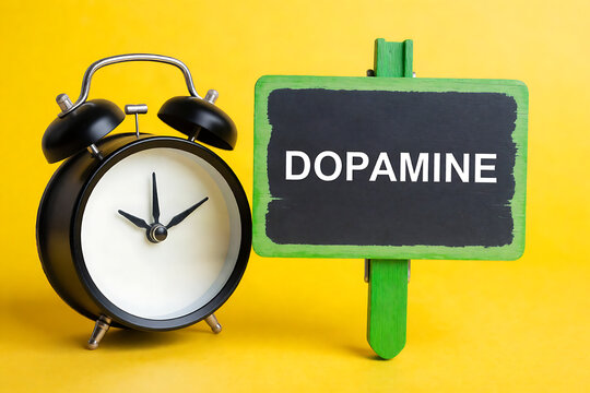 Minimalist dopamine concept with alarm clock and sign on bright yellow background