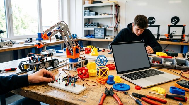 Student building a robot on a workbench in a robotics classroom. Close up of hands wiring electronics with robotic arm and laptop. STEM education concept