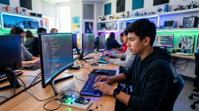 Teenage boy programming with microcontroller in a coding classroom. Student working on electronics and software development. STEM education concept