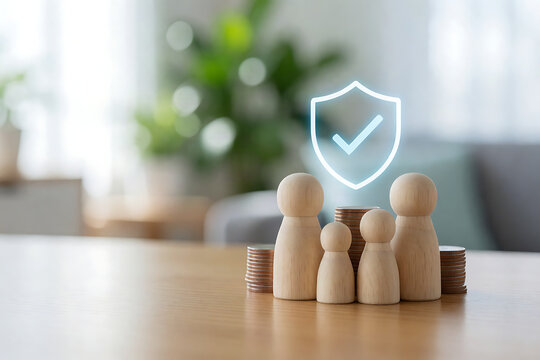Wooden family figures with security shield icon on wooden table in cozy home setting