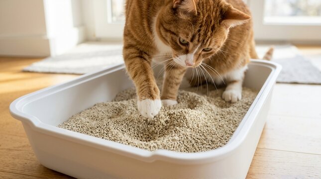 Orange and white cat covering waste in a litter box. Domestic feline using its paw to dig in granular clay litter. Pet hygiene and cat care concept