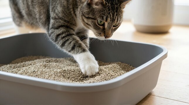 Tabby cat with white paws digging in a grey litter box. Close up of domestic feline covering waste in granular clay litter. Pet hygiene and cat care