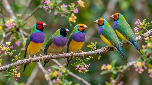 Five vibrant Gouldian finches perched in a row on a flowering branch. Colorful exotic birds with rainbow feathers in a tropical garden