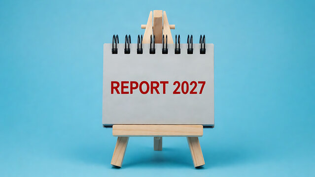 Minimalist 2027 report standup easel on blue background for modern presentations