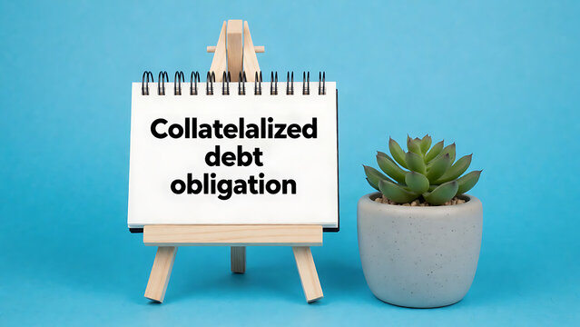 Minimalist easel displaying collateralized debt obligation sign with potted plant