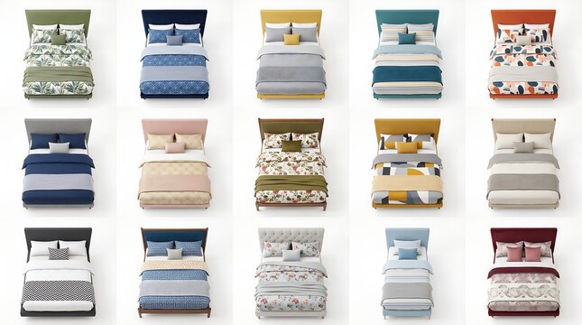 Bedding Design Grid Collection with Fifteen Different Styled Beds and Colorful Duvet Cover Patterns on Clean White Background for Home Interior Inspiration