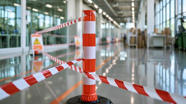 Red and white striped tape secures a pole in a spacious indoor hall.