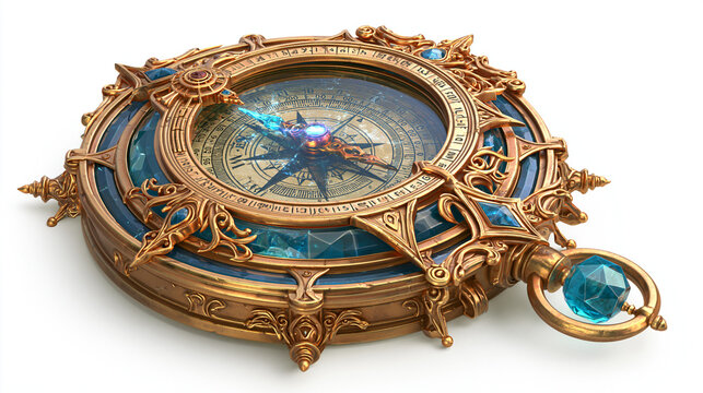 Ornate golden compass with blue gemstones, reflecting a sense of adventure.