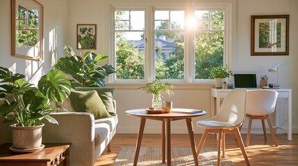 Fototapeta premium Sunlight streams through large windows into a cozy living space.