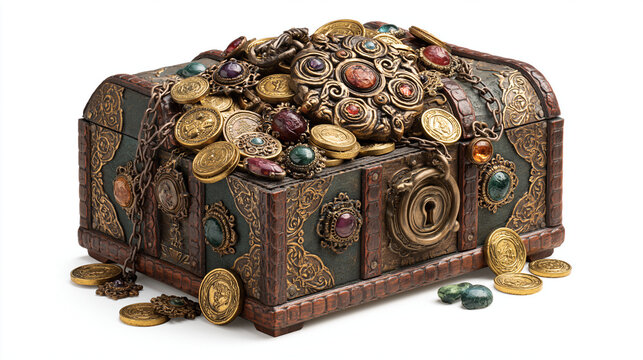 Ornate treasure chest filled with jewels and golden coins, exuding a sense of adventure.