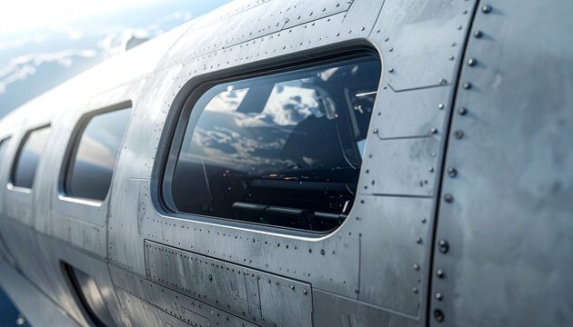 A Glimpse Above the Clouds: The metallic fuselage of an aircraft offers a reflective window onto a breathtaking sky and distant land, symbolizing journey and perspective.