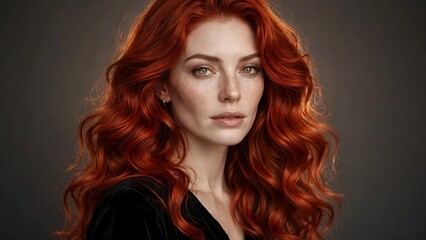 Fototapeta premium Stunning Woman with Vibrant Red Long Wavy Hair and Natural Skin Texture in Professional Beauty Portrait for Salon Advertising and Cosmetic Branding Projects
