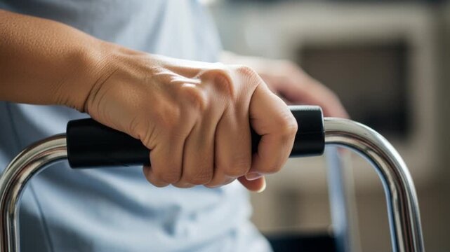 Close up of a person's hand gripping a wheelchair armrest