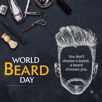World beard day greeting card design with text quote and barber tools