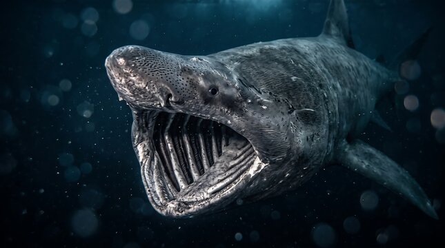 basking shark underwater closeup opening its mouth wide