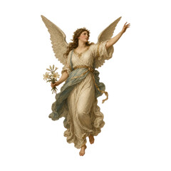 Naklejka premium Angel with wings holding flowers, PNG with transparent background.