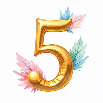 The number 5 is depicted as a shiny golden balloon, surrounded by pastel feathers on a white background, perfect for a birthday card illustration.