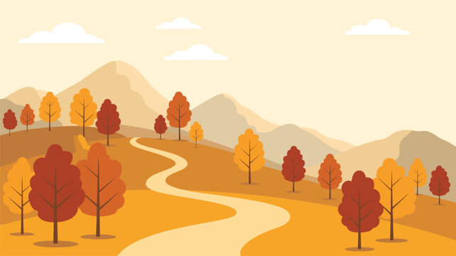 Flat vector illustration of an autumn landscape with winding road and colorful trees against mountains
