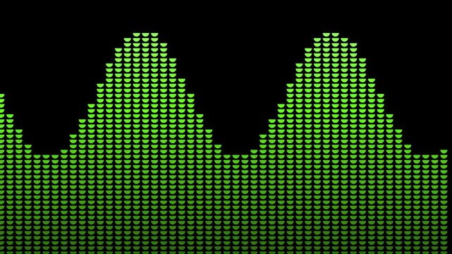 Green Sound Wave Visualization: A vibrant green sound wave graphic displayed on a black background, with peaks and valleys illustrating audio frequency or volume levels.