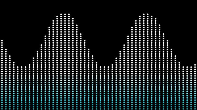 Digital Sound Waveform: A dynamic visual representation of an audio waveform, displaying peaks and troughs as a series of illuminated bars on a dark background, suggesting music or sound analysis.