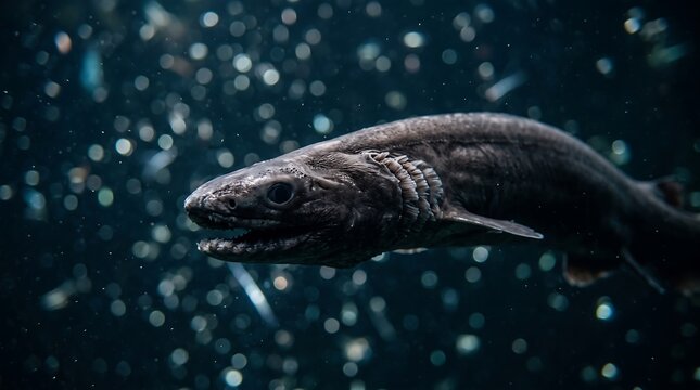 frilled shark emerging from the dark