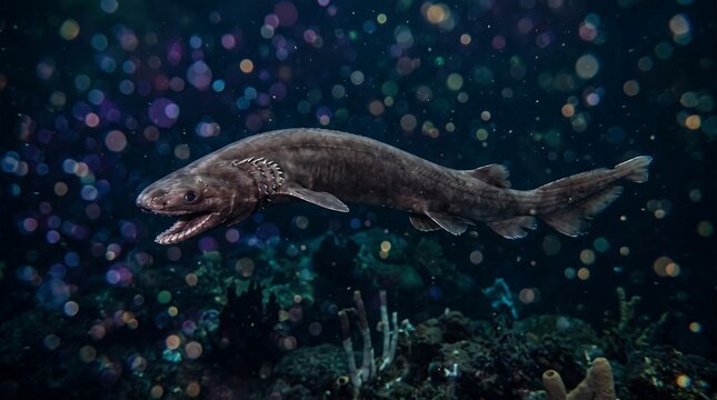 frilled shark emerging from the dark