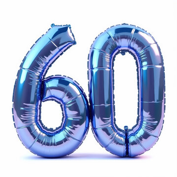 Blue metallic balloons in the shape of sixty on a white background, reflecting light and adding a celebratory touch to the scene.