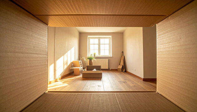 A warm, inviting view from inside a cardboard box looking out into an empty room at sunset. Nobody is present. This relocation metaphor evokes feelings of fresh beginnings, hope, and new chapters.