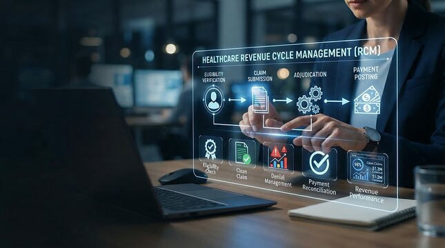 Healthcare revenue cycle professional interacting with holographic RCM healthcare billing workflow interface for enterprise patient financial management and digital medical claims optimization solutio
