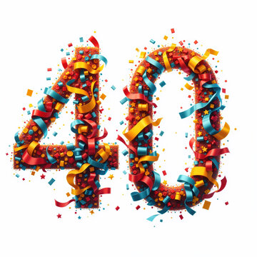 The number 40 is illustrated with vibrant red, blue, and yellow ribbons and confetti on a white background, perfect for a birthday card.