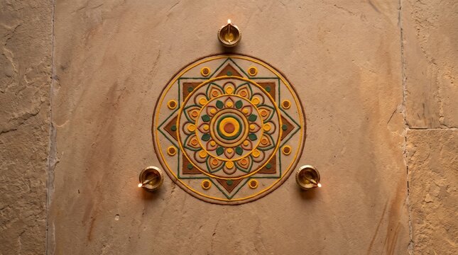 Traditional rangoli art pattern on a floor decorated with three lit oil lamps surrounding the circular design.