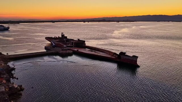 Aerial view of a rusted shipwreck grounded in the calm coastal waters during a vibrant sunset in Lapu-Lapu, Central Visayas, Philippines.