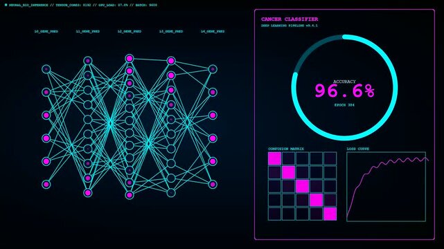 Bioinformatic modeling displays dynamic neural network nodes shifting across digital interfaces while monitoring data progression in a dark room setting with neon blue graphical user interfaces