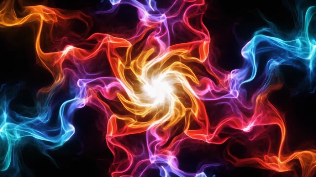 黒い背景で赤青紫の幻想的な炎が中心から渦巻き広がる