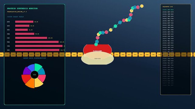 Bioinformatic modeling displays complex protein synthesis processes on a digital interface featuring animated ribosomal machinery and genetic data strings moving smoothly across the deep blue screen