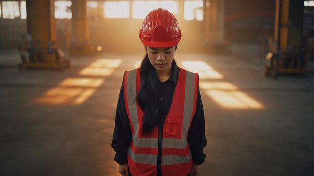 広大な工場で赤いヘルメットの女性作業員が一人立つ