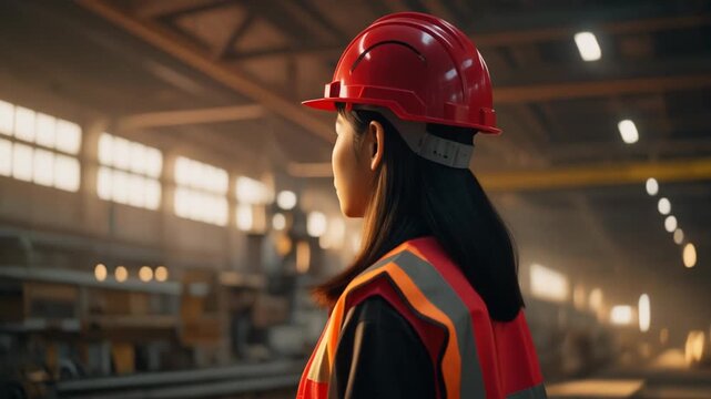 大規模工場で赤いヘルメットの女性作業員が施設の奥を見る