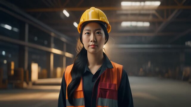 広大な工場で黄色いヘルメットの女性作業員が凛と立つ