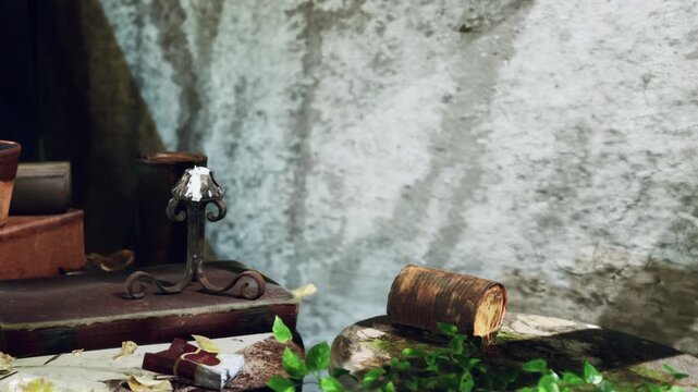 A table is set with small plants and various objects in a natural light setting. Leaves are scattered and items show aging. The scene is simple and captures a connecting with nature.