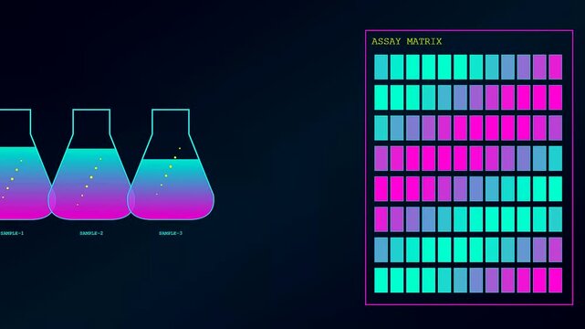 Bioinformatic modeling displays dynamic laboratory data as three glass beakers process changing chemical samples alongside an illuminated grid matrix with shifting glowing neon colored bars