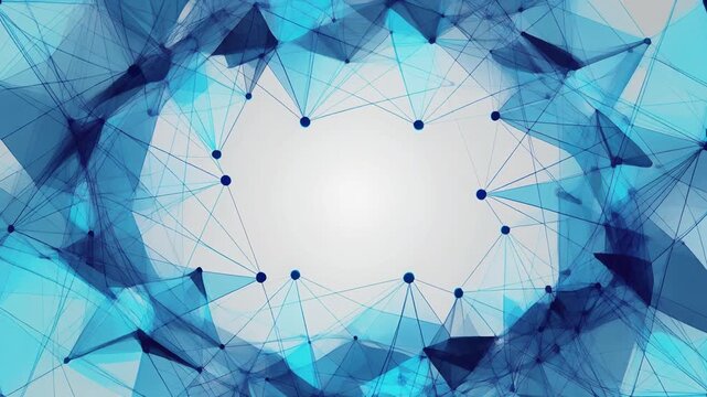 白い背景の両端から青い多角形ネットワークが中央へ広がる