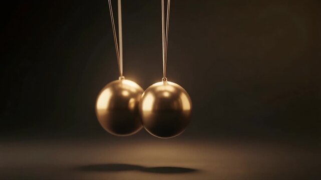 Golden pendulum balls swinging on a dark background