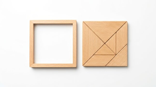 Wooden Tangram Puzzle Assembled Next to Empty Square Frame on White Background Top View