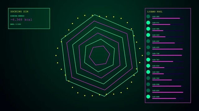A digital bioinformatic modeling interface displaying geometric light patterns and quantitative metric charts that cycle across a dark screen during a scientific software data analysis process