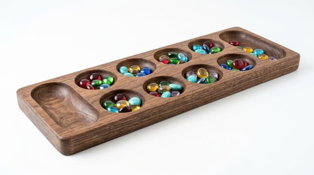 Mancala Board Game with Colorful Glass Marbles Isolated on White Background