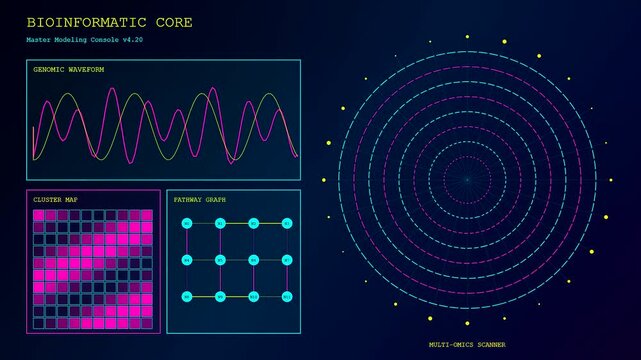 A sophisticated bioinformatic modeling interface displaying circular nodes with waveform fluctuations and grid maps in a dark glowing digital environment for data analysis and software simulation