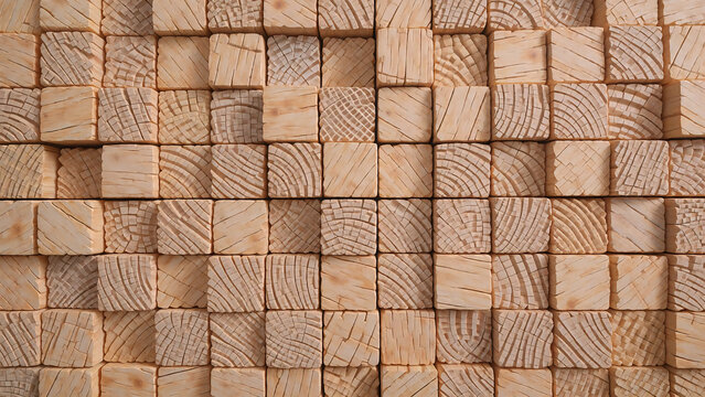 Geometric Wood Block Wall with Natural Grain Timber
