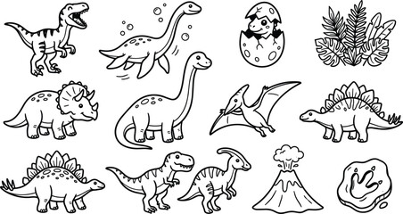 Cute Baby Dinosaur and Prehistoric Elements Line Art Vector Set with Volcano Egg Plants and Footprint for Kids Coloring Pages © Neel